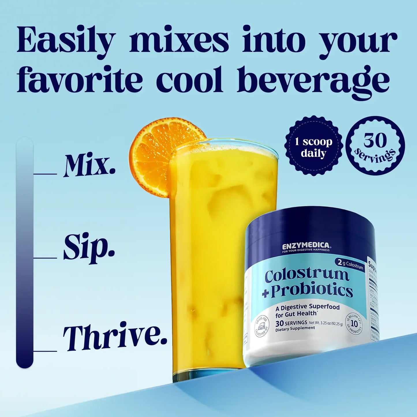 Mix. Sip. Thrive. Colostrum + Probiotics infographic.
