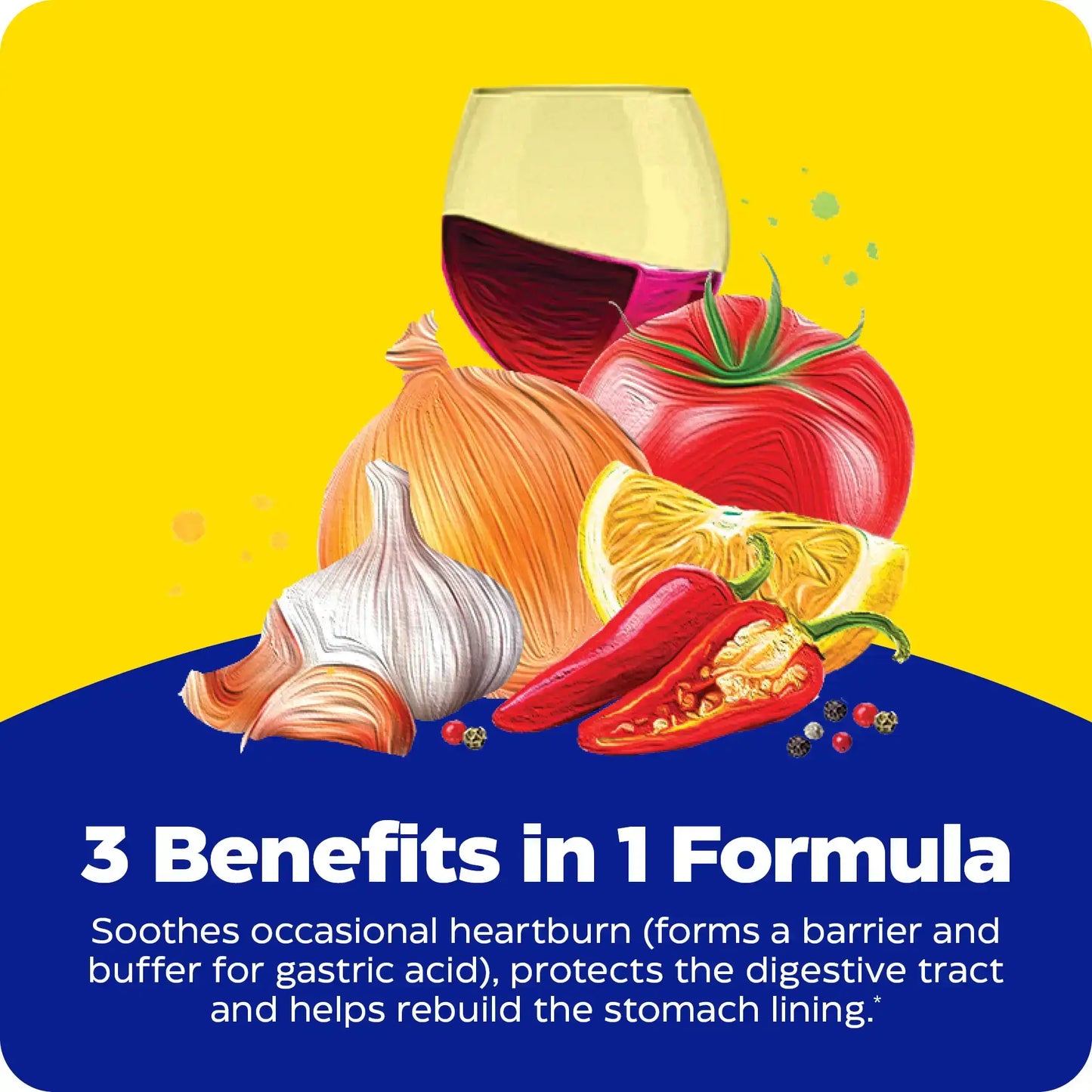 This image shows the 3 benefits of 1 formula for Heartburn Soothe Chewable.