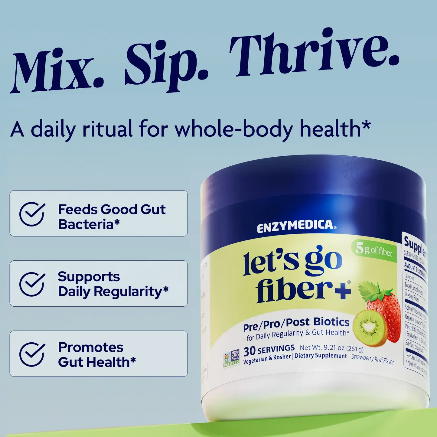 Mix. Sip. Thrive. Lets Go Fiber Strawberry Kiwi infographic.