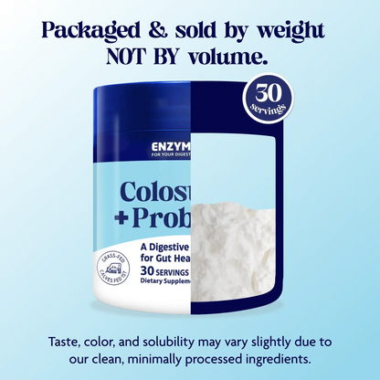 Container of Colostrum + Probiotics, packaged and sold by weight, 30 servings.
