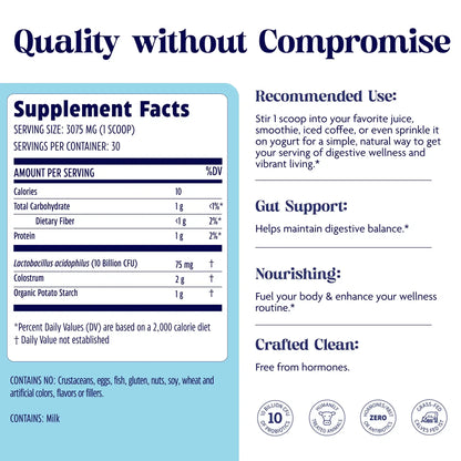Colostrum + Probiotics supplement facts and quality without compromise.