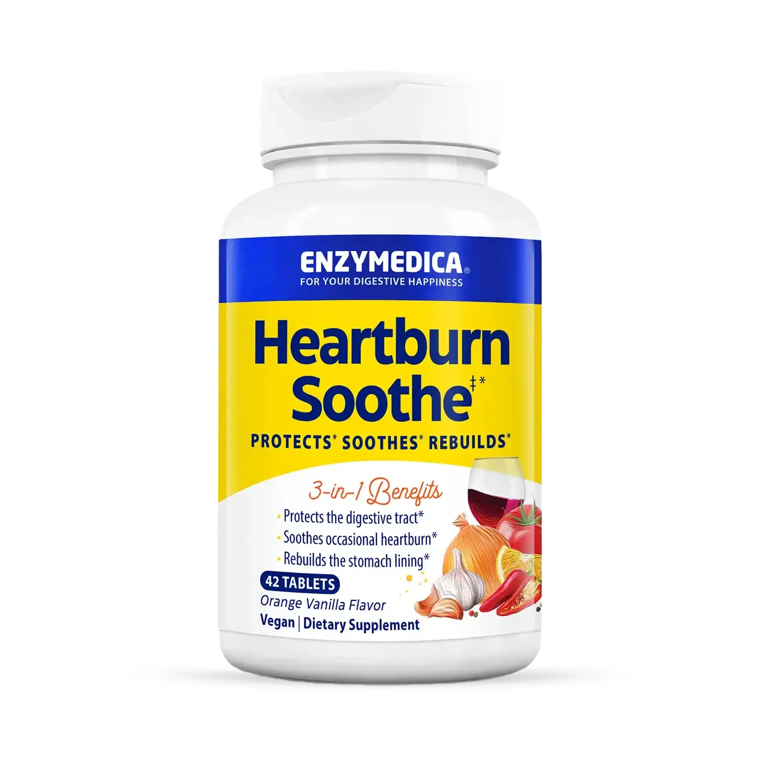 This image shows the container of Heartburn Soothe Chewable that can hold 42 tablets.