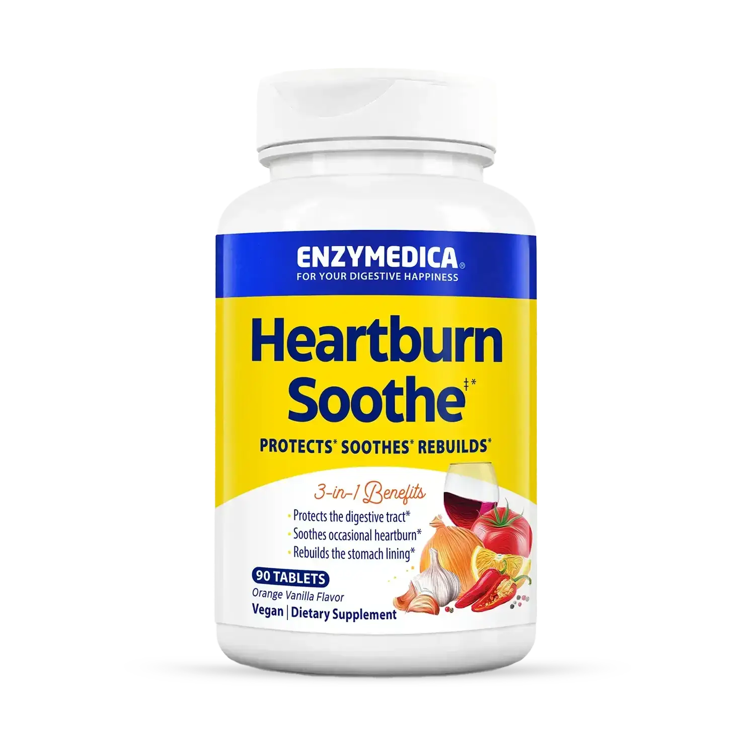 This image shows the container of Heartburn Soothe that holds 90 tablets.