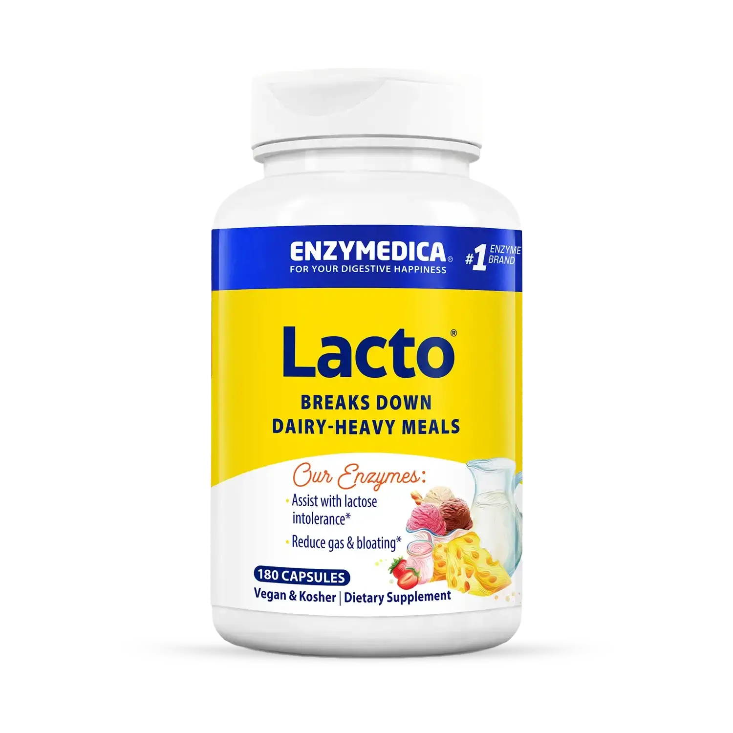 This image shows a container of Lacto that holds 180 capsules.