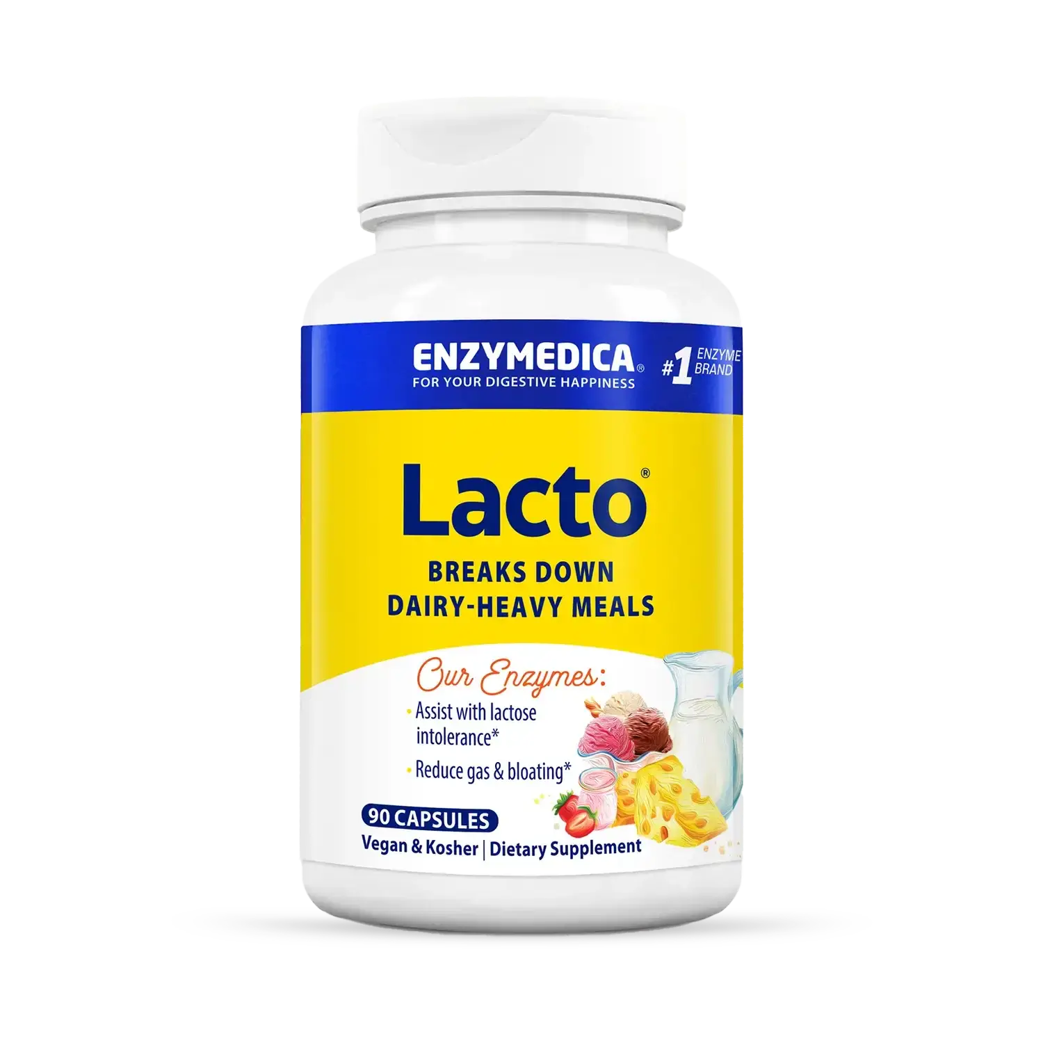 This image shows a container of Lacto that holds 90 capsules.