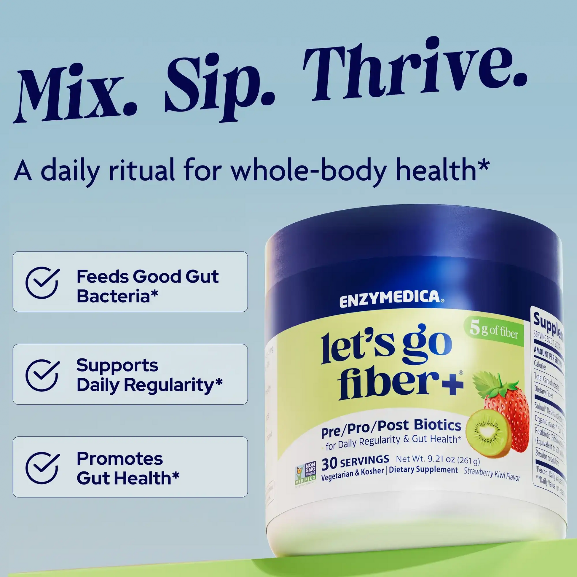Mix. Sip. Thrive. Lets Go Fiber Strawberry Kiwi infographic.